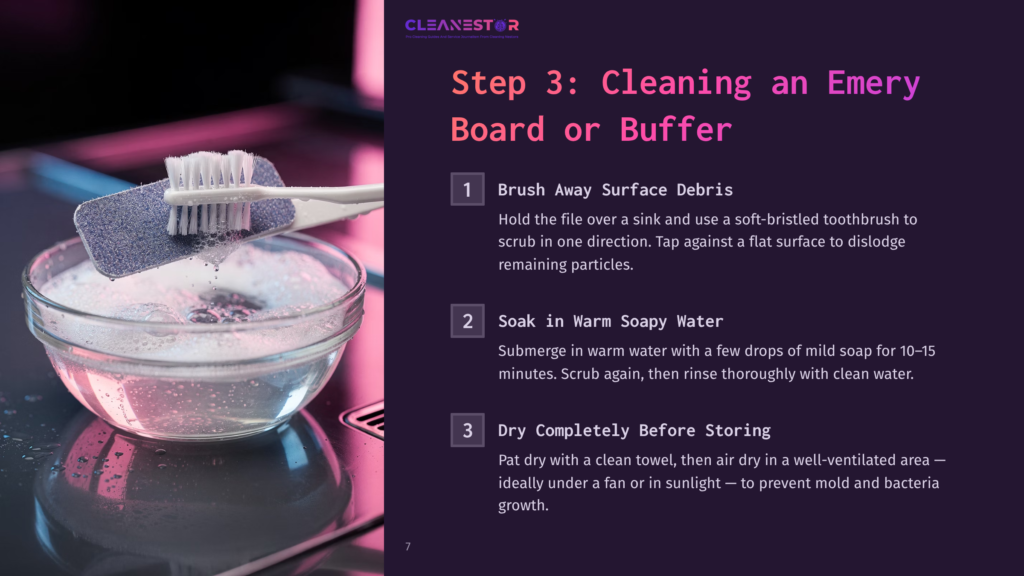 A Pink Nail File And A Soft-Bristled Toothbrush Sit In A Bowl Of Soapy Water, With Cleaning Instructions In Stylish Typography Nearby.