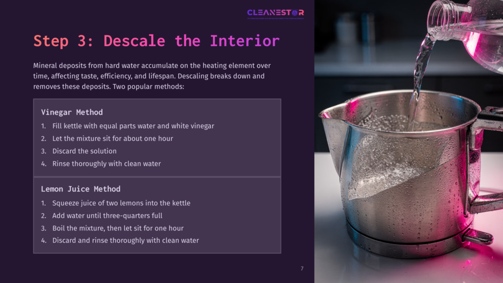 A Stainless Steel Kettle With A Spout, Filled With Water, Sits Beside A Measuring Cup, Vinegar, And Lemons On A Dark Surface.