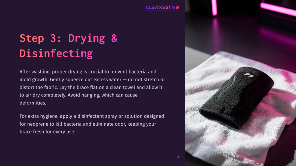A Black Neoprene Knee Brace Laid Flat On A Clean Towel, With A Deep Purple Background And Text About Drying And Disinfecting.