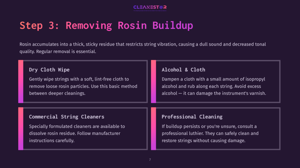 Step 3: Removing Rosin Buildup. A Dark Purple Background With Four White Boxes Detailing How To Clean Instrument Strings: Dry Cloth Wipe, Alcohol &Amp; Cloth, Commercial String Cleaners, And Professional Cleaning.