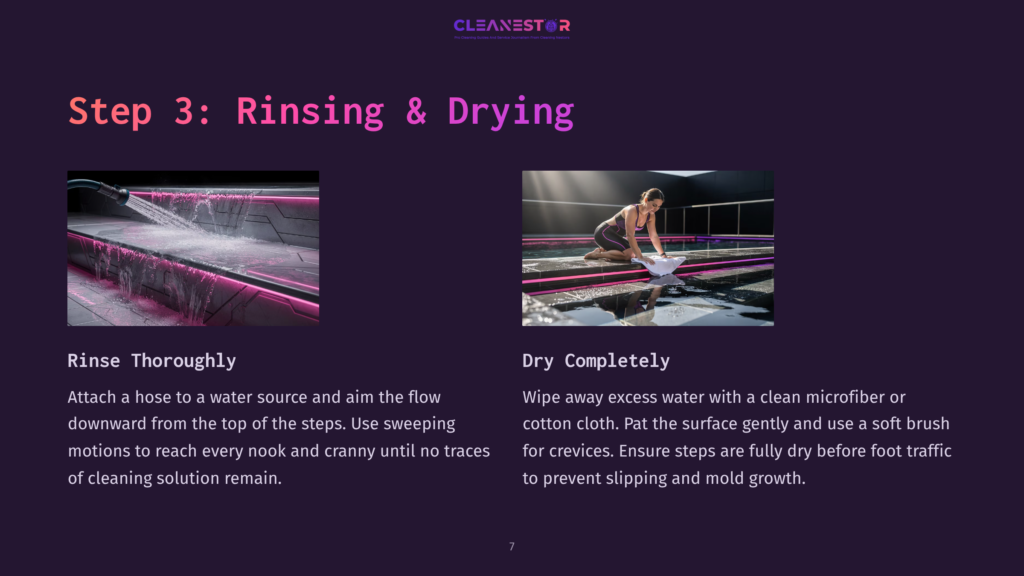 7 Step 3 Rinsing And Drying Step 3: Rinsing And Drying. Left: Water Cascades Over A Modern, Sleek Surface With Pink Led Lights. Right: A Person In Athletic Wear Kneels By A Pool, Holding A White Cloth, Preparing To Dry The Surface.