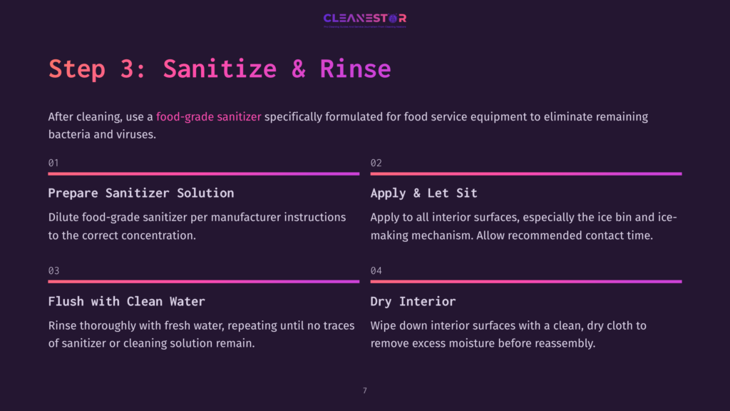Step 3: Sanitize &Amp; Rinse Instructions From Cleanestor, Detailing Food-Grade Sanitizer Use For Food Service Equipment, With Steps For Preparing Sanitizer, Applying, Flushing, And Drying.