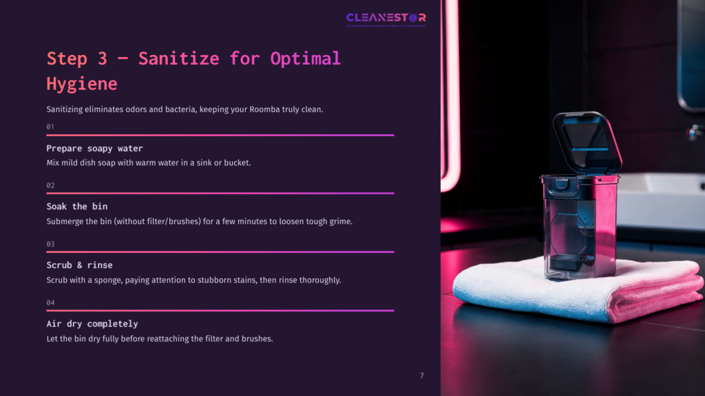 7 Step 3 Sanitize For Optimal Hygiene A Clear Glass Container With Soapy Water Sits On A White Towel Next To A Sink, Accompanied By A Pink-Lit Background For Contrast.