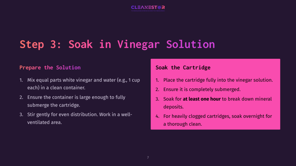 7 Step 3 Soak In Vinegar Solution Step 3: Soak In Vinegar Solution Instructions. Text Details Preparing A White Vinegar And Water Solution And Soaking A Cartridge In It For At Least One Hour To Break Down Mineral Deposits.