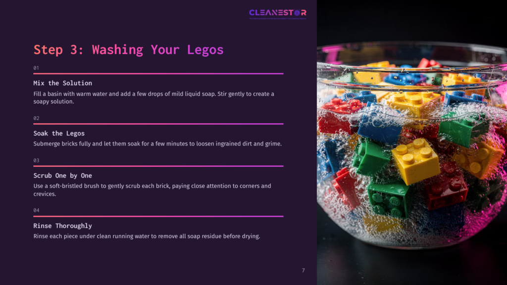 Close-Up Of Colorful Lego Bricks Submerged In Soapy Water, With Bubbles And Suds Indicating The Washing Process. Text Overlay: &Quot;Cleanestor Step 3: Washing Your Legos&Quot;.