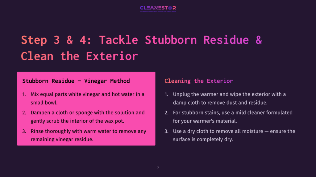 Instructions On Cleaning A Wax Warmer, Featuring A Pink And Purple Layout With Text About Vinegar Method And General Cleaning Tips.