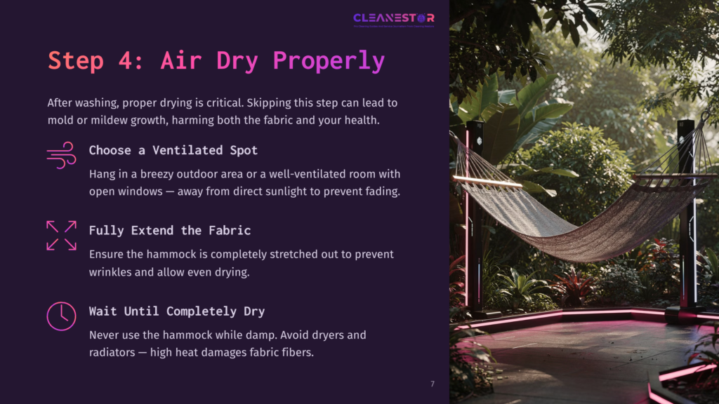 Step 4: Air Dry Properly - A Hammock Hangs In A Lush, Tropical Garden Setting With Vibrant Pink Uplighting, Emphasizing Proper Drying Techniques For Fabric.