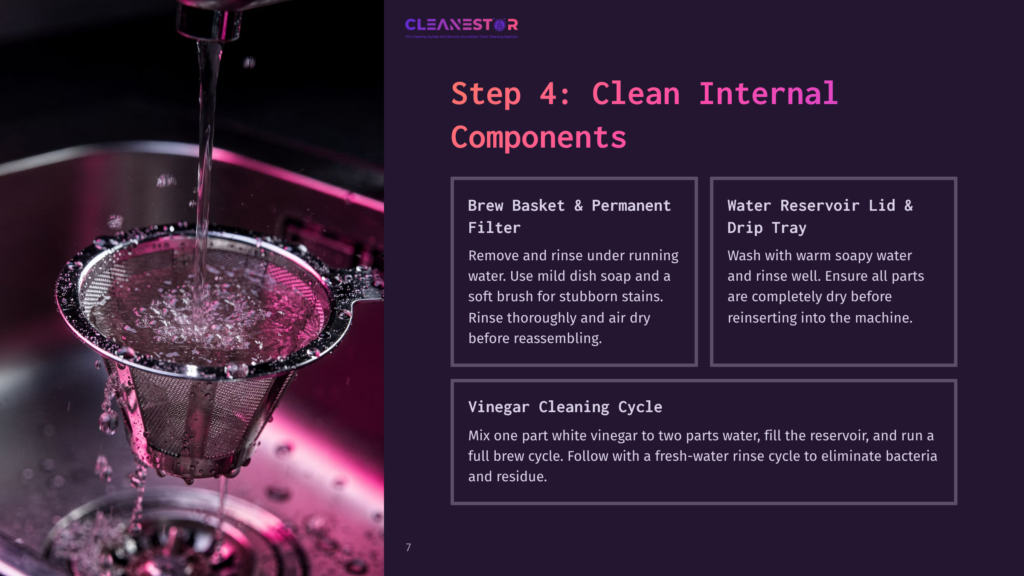 7 Step 4 Clean Internal Components 1 Step 4: Clean Internal Components. Water Flows Into A Metal Coffee Filter Basket Over A Sink, With Instructions For Cleaning Brew Basket, Filter, Water Reservoir, Lid, Drip Tray, And Vinegar Cleaning Cycle.