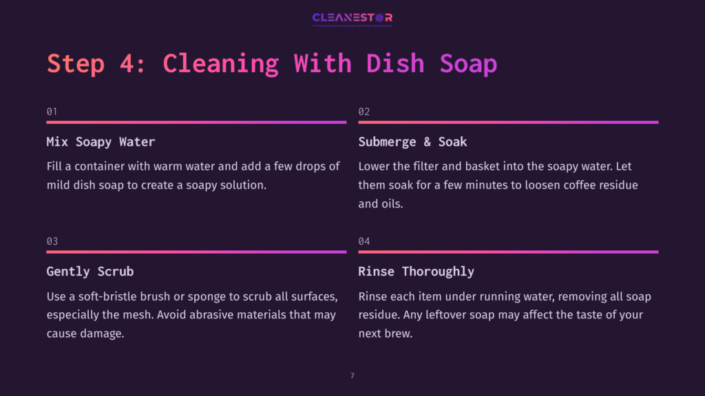 Instructions For Cleaning A Coffee Maker Filter, Featuring Steps Highlighted In A Modern Purple Layout With White Text And Numbered Sections.