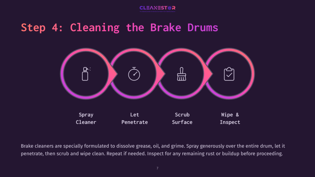 Step 4: Cleaning The Brake Drums. Four Circular Icons Illustrate The Brake Cleaning Process: Spray Cleaner, Penetration Timer, Scrub Surface, And Wipe/Inspect. Text Describes Cleaning Brake Drums With Spray Cleaner, Penetration, Scrubbing, And Wiping.