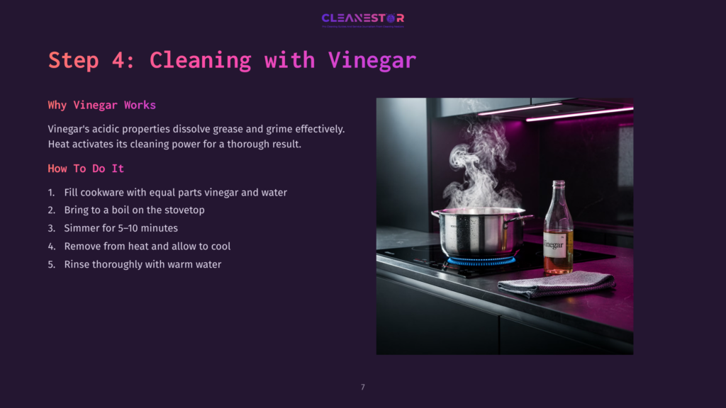 A Metallic Pot On A Stovetop With Steam Rising, Alongside A Bottle Of Vinegar. Dark Kitchen With Pink Lighting Accents.