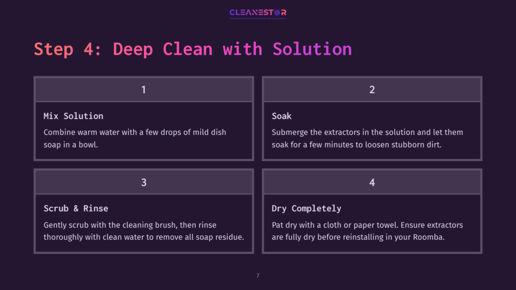 Step 4: Deep Clean With Solution - Mix Solution, Soak, Scrub &Amp; Rinse, Dry Completely. Instructions For Cleaning A Roomba With Mild Soap And Water.