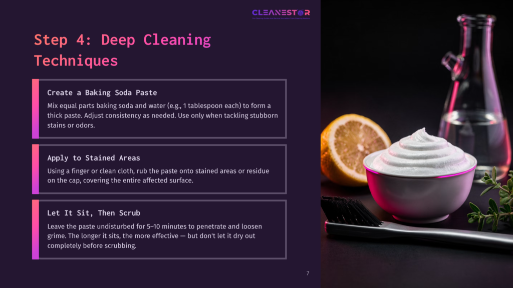 A Pink Bowl Of Baking Soda Paste, A Halved Lemon, And A Brush On A Dark Background, Illustrating Cleaning Techniques With Text Instructions.