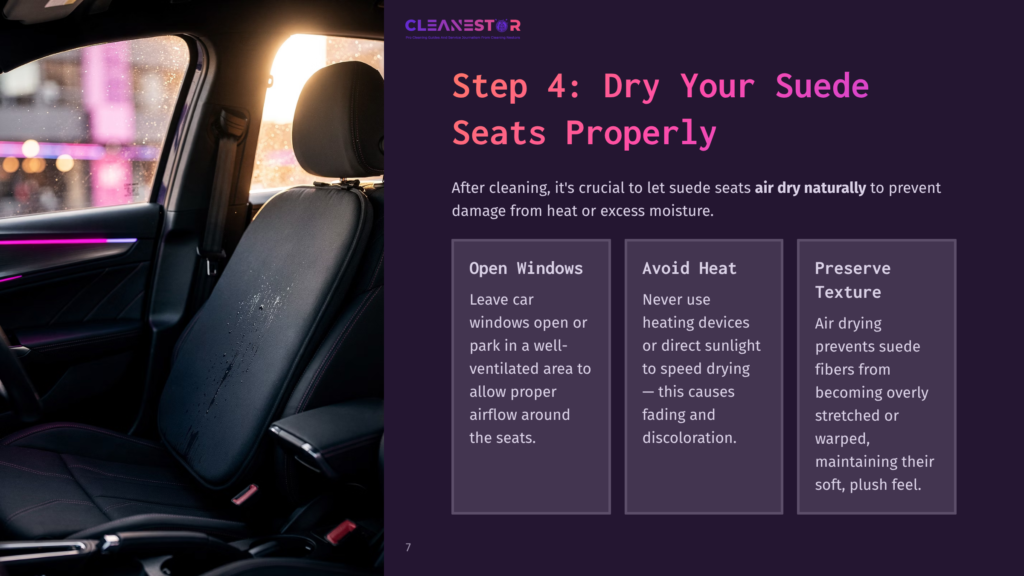 Close-Up Of A Car'S Leather Seat, Wet With Water Droplets, With A Bright Sunset Illuminating The Interior. Text Overlay Reads &Quot;Step 4: Dry Your Suede Seats Properly&Quot; And Provides Drying Tips.