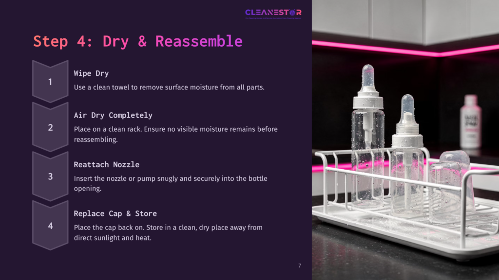 Step 4: Dry &Amp; Reassemble Instructions For Cleaning Bottles. Includes Wiping Dry, Air Drying, Reattaching Nozzle, And Replacing Cap &Amp; Store. Two Clear Plastic Bottles With Droppers Sit On A White Drying Rack.