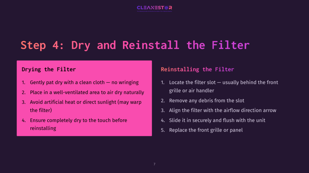 Step 4 Instructions On A Pink Background, Detailing Drying And Reinstalling An Ac Filter, With Numbered Steps In White Text.