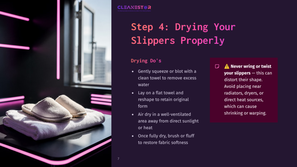 7 Step 4 Drying Your Slippers Properly Step 4: Drying Your Slippers Properly. A Pair Of Fluffy White Slippers Rests On A Neatly Folded White Towel, Bathed In Soft Pink Neon Light.