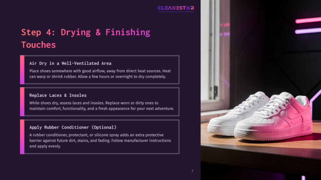 Two Pairs Of Clean White Sneakers Sit On A Dark Surface, One Pair In The Foreground And Another Slightly Behind. The Sneakers Are Brightly Lit, With A Pink And Purple Neon Glow Reflecting On Them, Suggesting A Modern, Stylish Aesthetic. The Image Is Part Of A Guide On Drying And Finishing Shoe Cleaning.