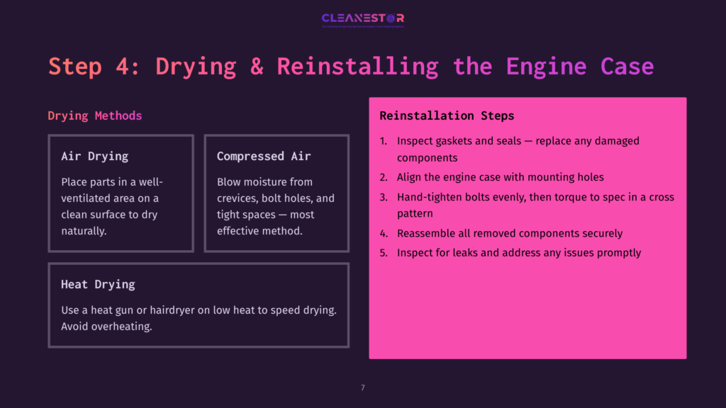 7 Step 4 Drying And Reinstalling The Engine Case Instructions On Drying And Reinstalling Atv Engine Cases, Featuring A List Of Drying Methods And Reinstallation Steps In A Vibrant Layout.