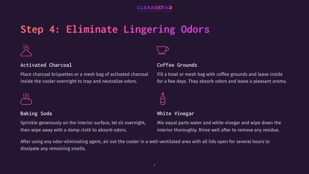 Instructions To Eliminate Odors In A Cooler, Featuring Activated Charcoal, Coffee Grounds, Baking Soda, And White Vinegar Tips With Icons.