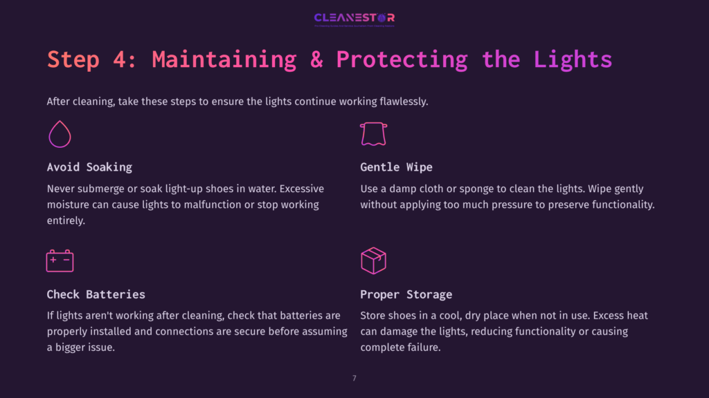 Step 4 Instructions With Purple And White Text Detailing Maintenance For Light-Up Shoes, Including Soaking, Wiping, And Storage Tips.
