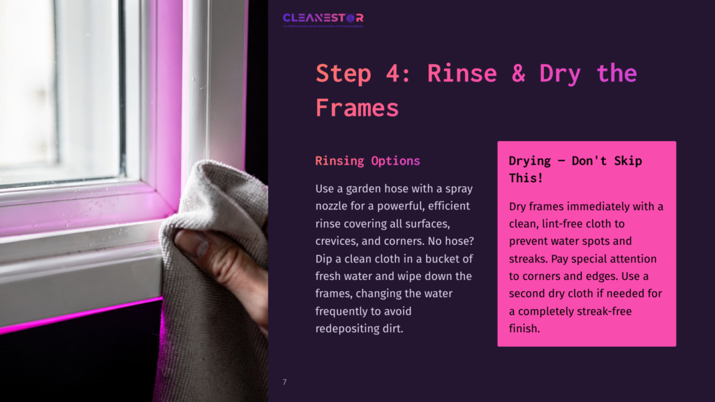 A Hand Holds A Light Gray Cloth Near A Pink-Lit Window Frame, With Instructions On Cleaning And Drying Vinyl Frames In Purple Text.