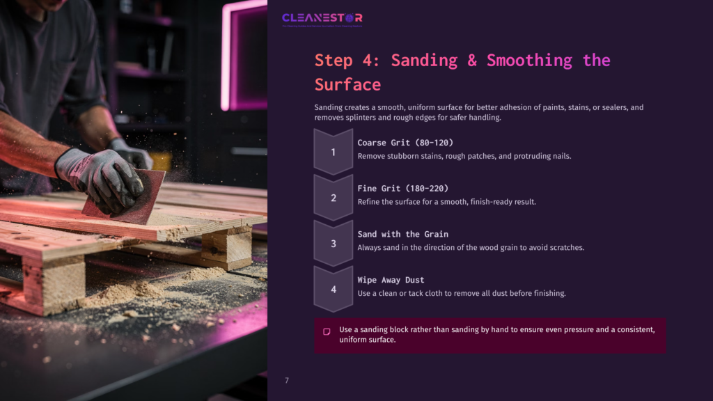 A Person Sanding Pallet Wood On A Workbench, With A Purple-Lit Background. Steps For Surface Preparation Are Listed On The Right.