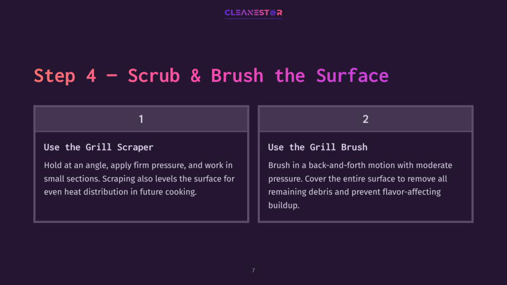 Instructions For Cleaning A Flat-Top Grill With A Scraper And Grill Brush, Featuring Step-By-Step Text On A Dark Purple Background.