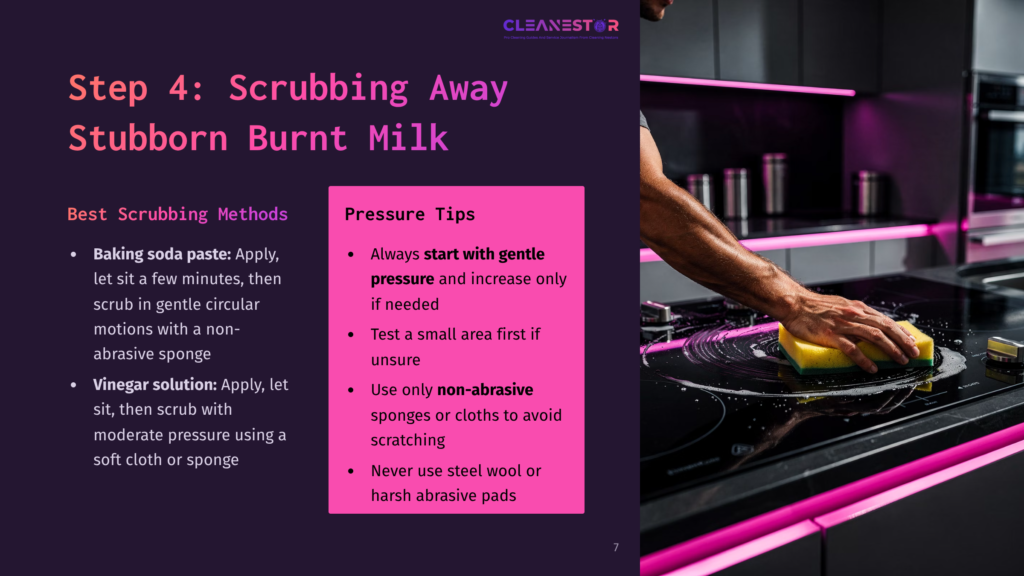 7 Step 4 Scrubbing Away Stubborn Burnt Milk Step 4: Scrubbing Away Stubborn Burnt Milk. A Hand With A Yellow Sponge Scrubs A Black Glass Stovetop With Pink Led Lighting.
