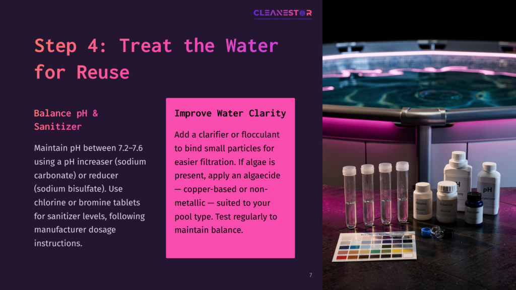Step 4 Text With A Purple Background On The Left; On The Right, Test Tubes, Liquid Samples, And A Color Chart For Pool Water Treatment.