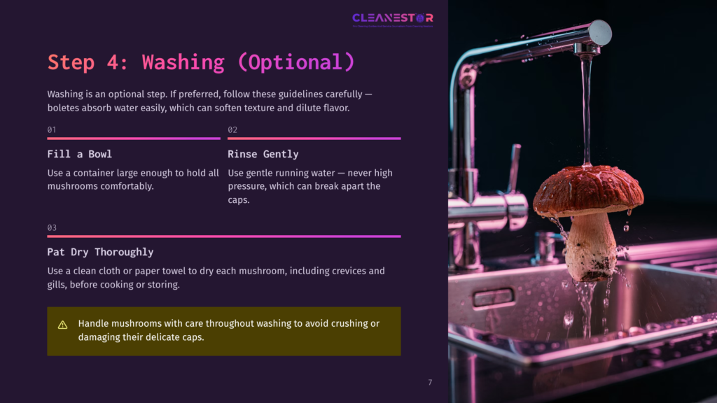 A Large, Brown Mushroom With White Gills Is Being Rinsed Under A Stream Of Water From A Faucet, With A Stainless Steel Sink Visible Below. The Image Also Shows Text With Instructions On Washing Mushrooms.