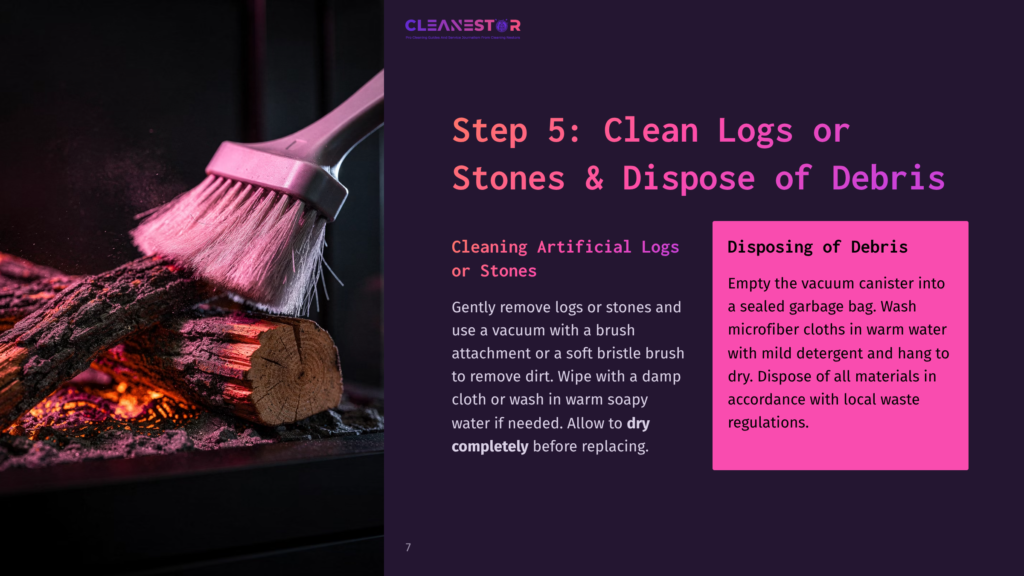 A Hand Brushes Artificial Logs In A Fireplace; Text Outlines Steps For Cleaning Logs And Disposing Of Debris, With A Pink Informational Box.