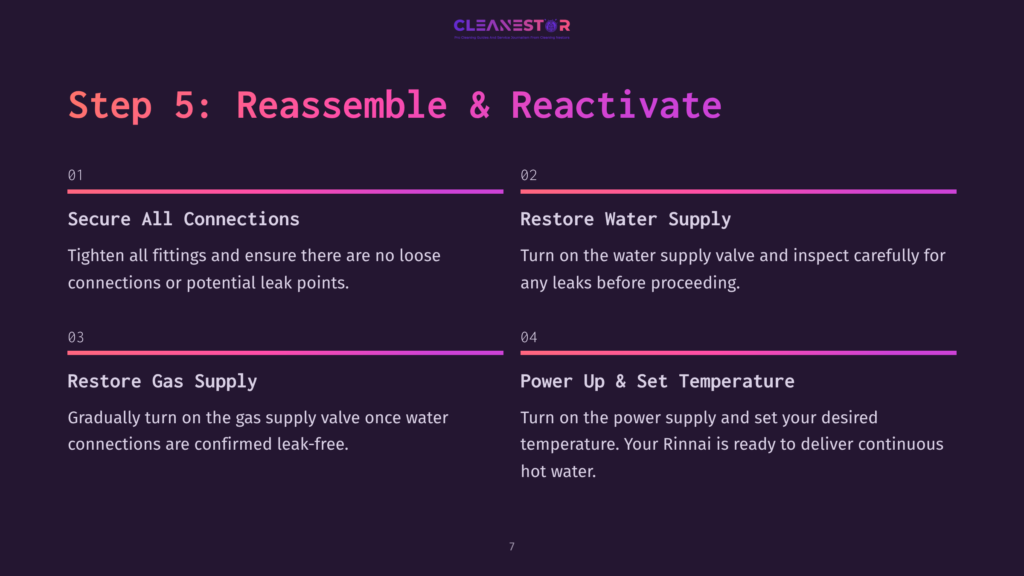 Instructions For Reassembling And Reactivating A Rinnai Tankless Water Heater, Featuring Numbered Steps In Purple And White Text On A Dark Background.