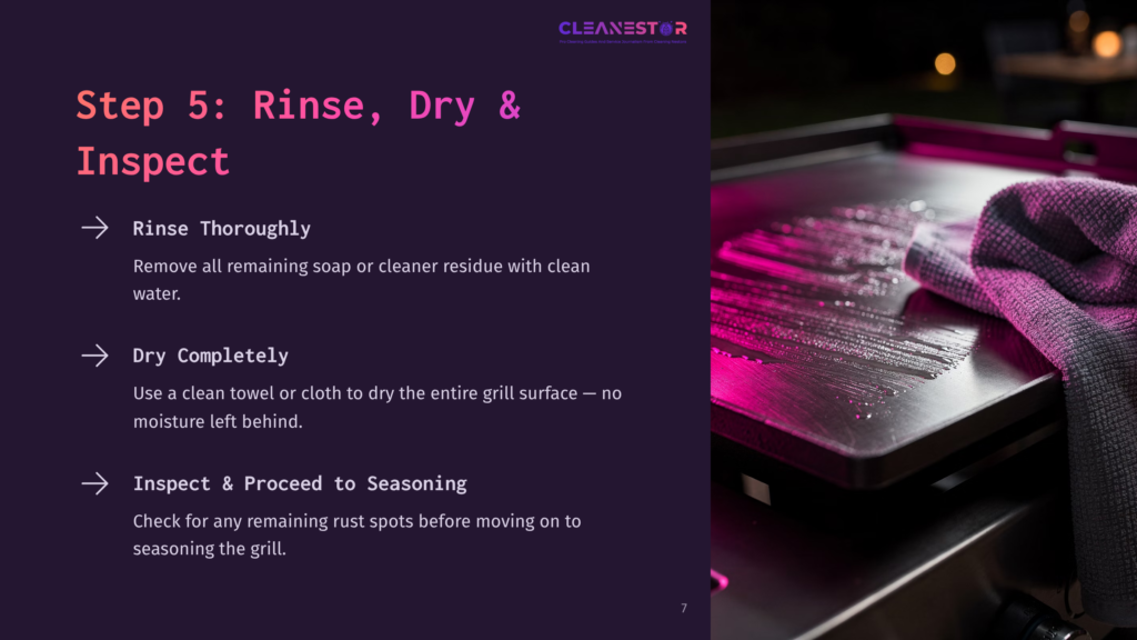 A Clean, Shiny Cast Iron Grill Top With A Cloth Nearby, Highlighted By Soft Pink Lighting; Steps For Cleaning Outlined On The Side.
