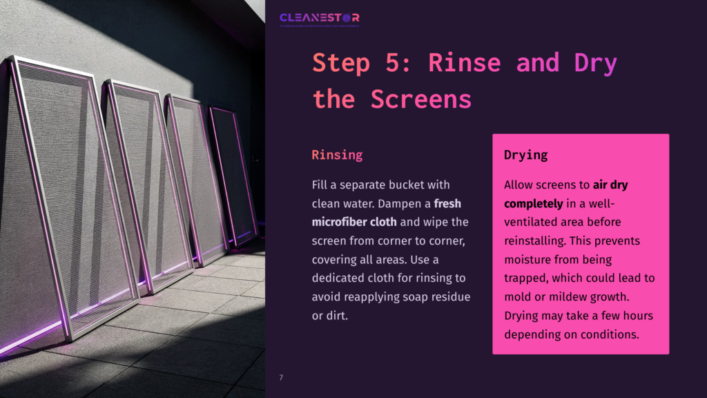 7 Step 5 Rinse And Dry The Screens Rinse And Dry Window Screens Displayed With A Purple Sidebar Detailing Cleaning Steps; Sunlight Illuminates The Scene, Highlighting Clean Screens.