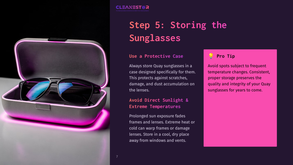 Step 5: Storing Sunglasses. A Pair Of Black Quay Sunglasses Rests Inside A Protective Gray Case, Illuminated By Vibrant Pink Neon Light. The Image Emphasizes Proper Storage For Sunglasses.