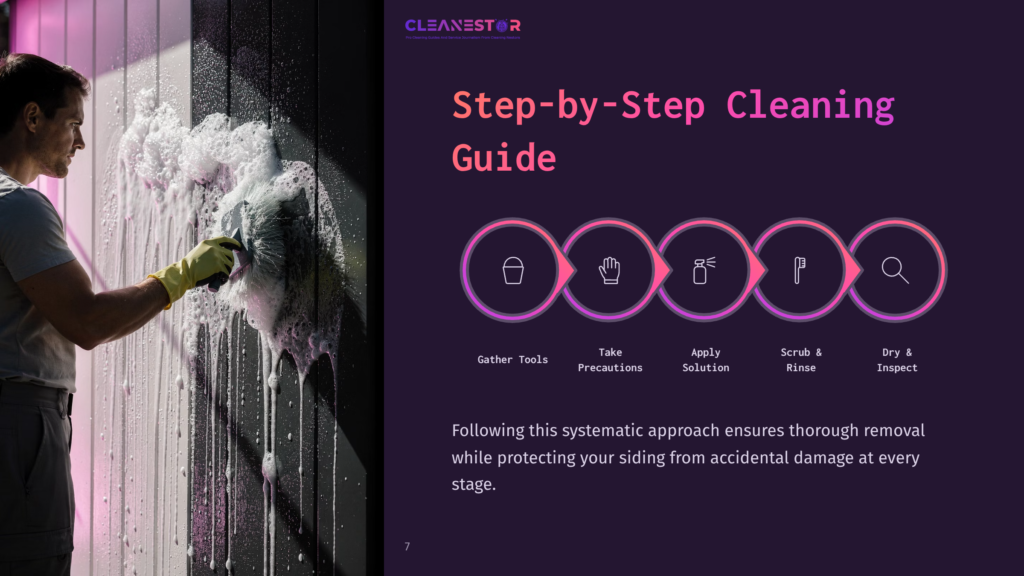A Man In Yellow Gloves Scrubs A White, Foamy Wall With A Large Brush, Demonstrating A Step-By-Step Cleaning Process With Icons For Tools, Precautions, Solution, Scrubbing, And Rinsing. Text Reads: &Quot;Cleanestor Step-By-Step Cleaning Guide.