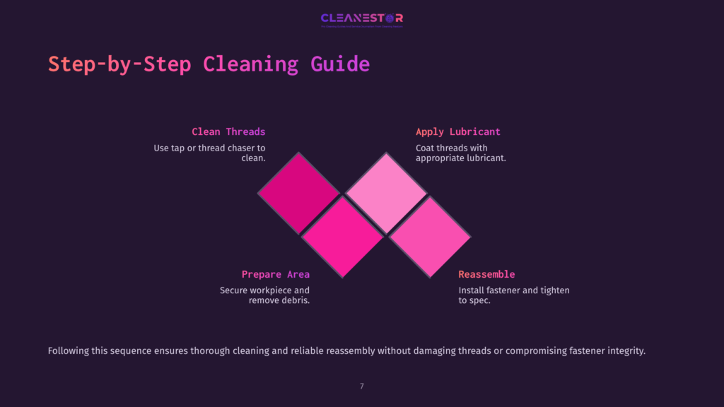 Step-By-Step Cleaning Guide From Cleanestor, With Text And Colorful Diamond Shapes Illustrating Four Stages: Clean Threads, Apply Lubricant, Prepare Area, And Reassemble. The Guide Is For Cleaning And Reassembly.