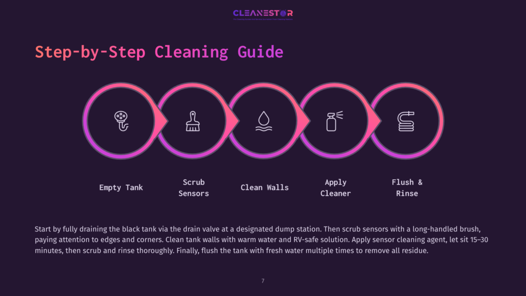 Step-By-Step Cleaning Guide Infographic: Empty Tank, Scrub Sensors, Clean Walls, Apply Cleaner, Flush &Amp; Rinse. The Graphic Shows Five Circular Icons Representing Each Step In A Colorful, Gradient Flow.