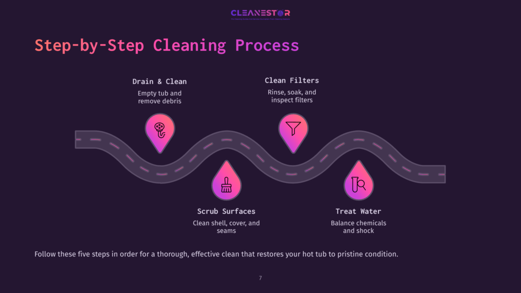 Step-By-Step Cleaning Process With Pink Icons Illustrating Draining, Cleaning Filters, Scrubbing Surfaces, And Treating Water On A Wavy Path.