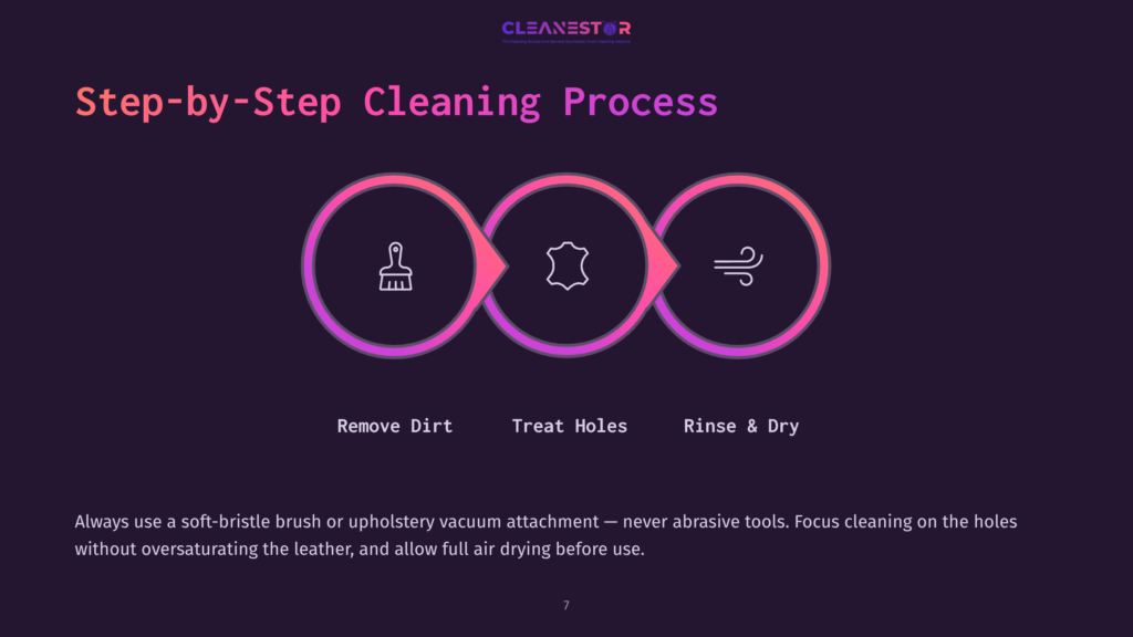 Step-By-Step Cleaning Process Graphic With Three Circular Icons: A Brush For Removing Dirt, A Leather Swatch For Treatment, And A Wind Symbol For Drying. Text Reads &Quot;Remove Dirt,&Quot; &Quot;Treat Holes,&Quot; And &Quot;Rinse &Amp; Dry.