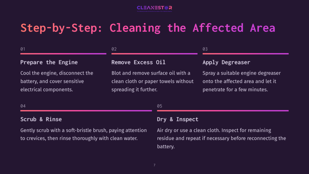 Step-By-Step Guide To Cleaning An Engine: Prepare The Engine, Remove Excess Oil, Apply Degreaser, Scrub And Rinse, And Dry And Inspect.