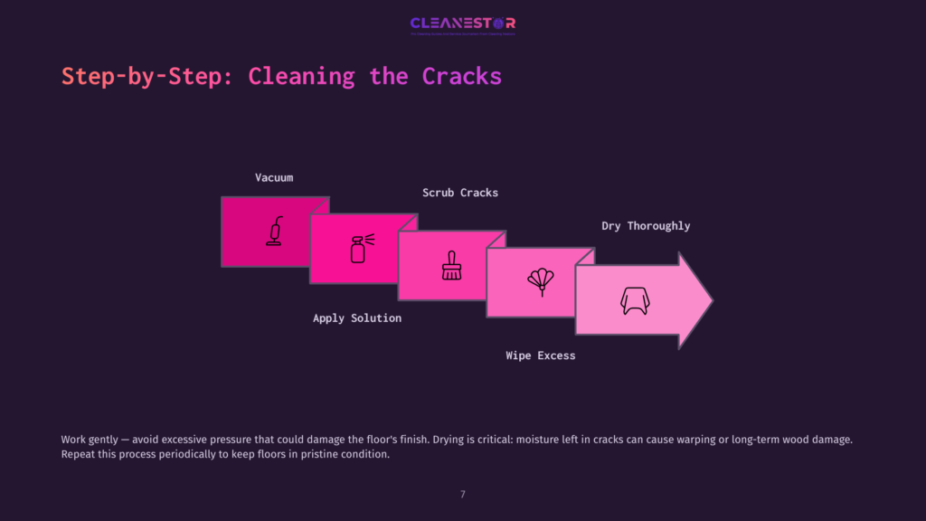 Flowchart In Pink And White Depicting Steps To Clean Cracks In Hardwood Floors: Vacuuming, Applying Solution, Scrubbing, And Drying.