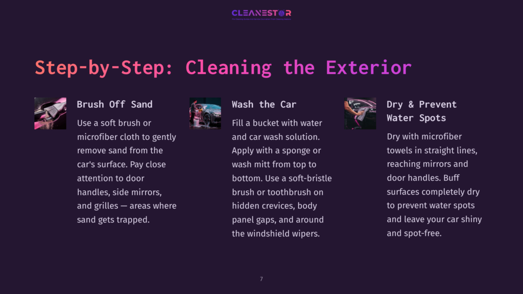 Step-By-Step Guide With Purple Background: Instructions For Brushing Off Sand, Washing The Car, And Drying To Prevent Water Spots.