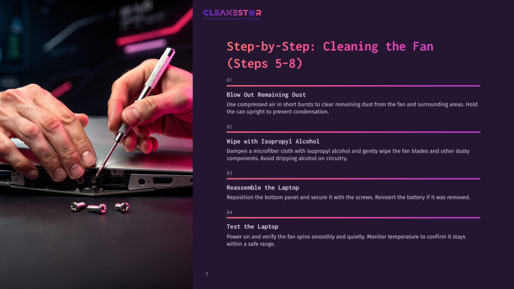 Step-By-Step Guide To Cleaning A Laptop Fan: Use Compressed Air To Blow Out Dust, Wipe With Isopropyl Alcohol, Reassemble, And Test. Instructions From Cleanestor.