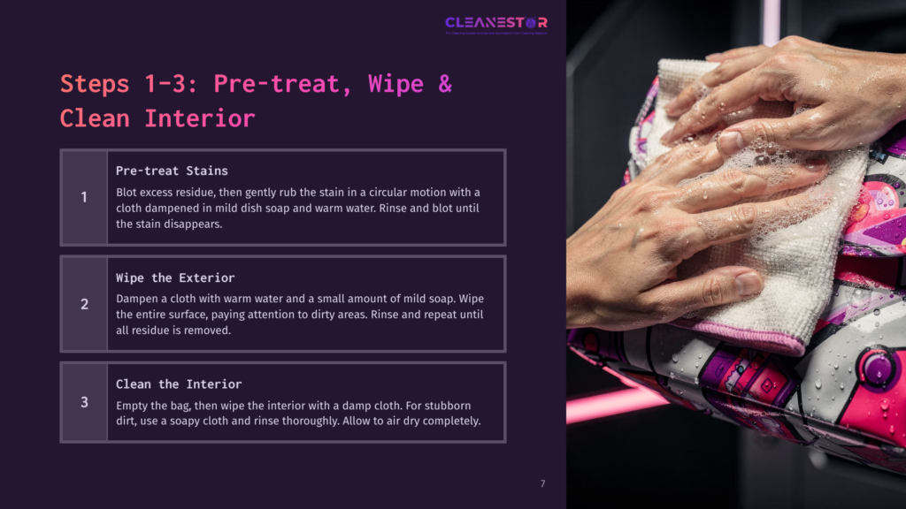 7 Steps 1 3 Pre Treat Wipe And Clean Interior Person Cleaning A Handbag With A Cloth, Following Steps To Pre-Treat, Wipe, And Clean Interior