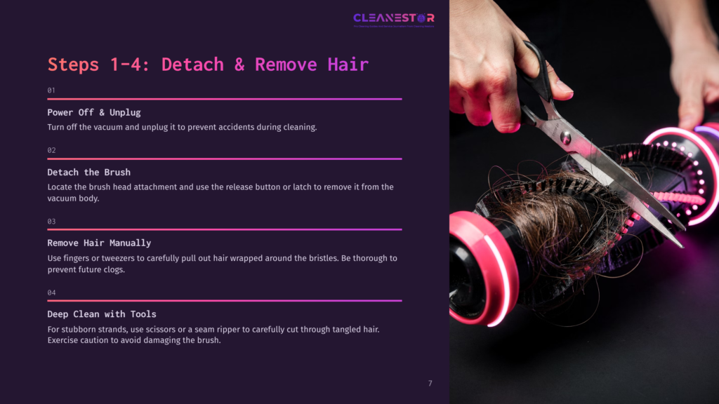 Hands Using Scissors To Cut Hair Tangled In A Vacuum Brush, With Clear Instructions And Numbered Steps On A Dark Purple Background.