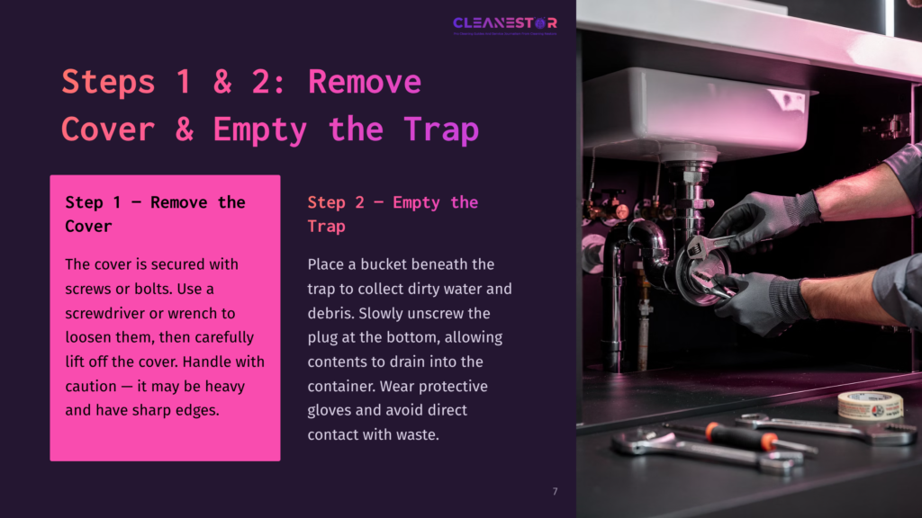 7 Steps 1 And 2 Remove Cover And Empty The Trap A Person Using Tools To Remove A Cover From A Drum Trap Under A Sink, With A Bucket Positioned To Catch Waste Below.