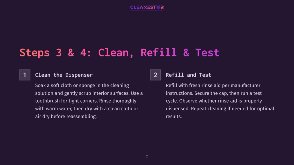 Step Instructions With Numbered Points On A Dark Background: &Quot;Clean The Dispenser&Quot; And &Quot;Refill And Test,&Quot; With Clear Icons And Contrasting Text.