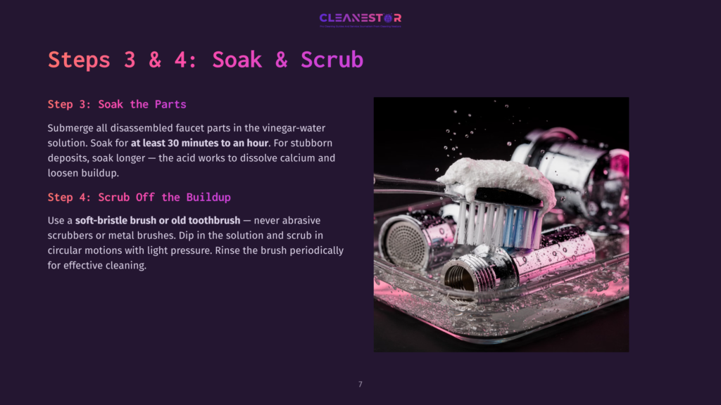 A Close-Up Of A Cleaning Brush Submerged In Bubbly Vinegar Solution, Surrounded By Faucet Parts In A Dish, Set Against A Purple Background.